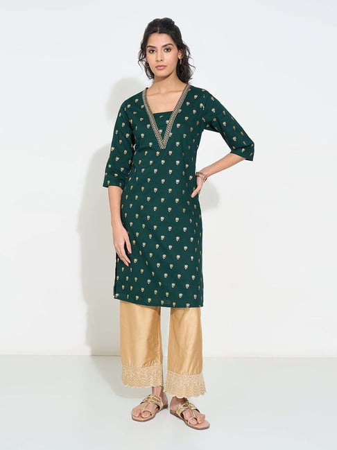 Rangmanch By Pantaloons Green Regular Fit Embroidered Kurta-picture-22
