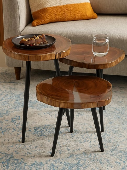 Wewood Brown Acacia Wood with Transparent Resin Finish Nesting Table - Set of 3-picture-42
