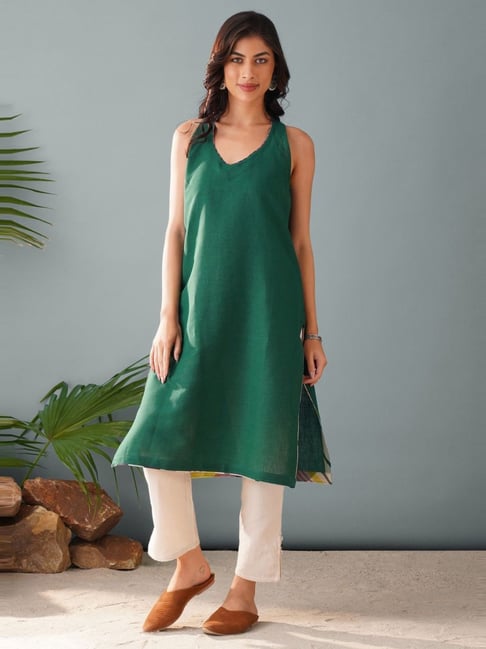 Jaypore Green Hand Woven Straight Fit Kurta-image-17