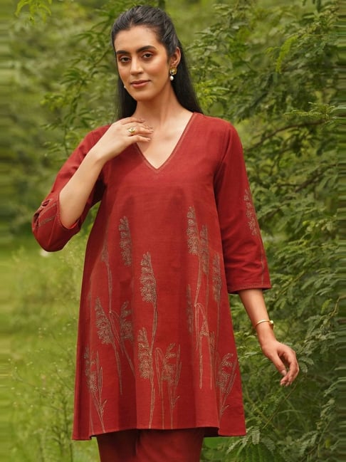 Jaypore Red Dabu Flared Fit Tunic