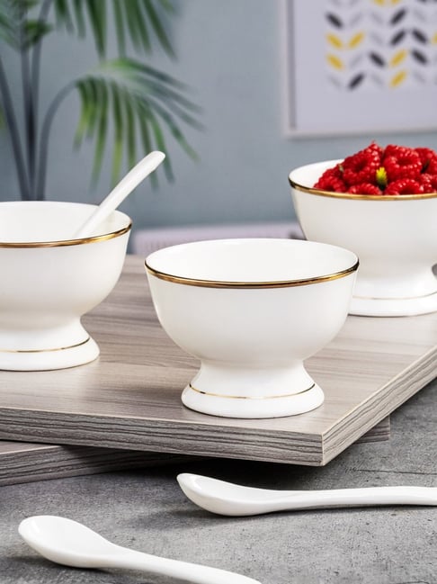 Sonaki White Bone China Ice Cream Cup With Spoon - Set Of 12