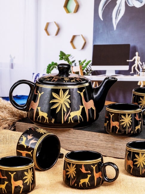 ROXX Black Ceramic Printed Tea set - Set of 7