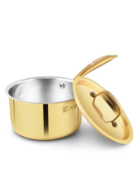 Bergner Gold Traditional Brass Tin (Kalai) Coated Peetlam Saucepan with Lid (1600 ml)