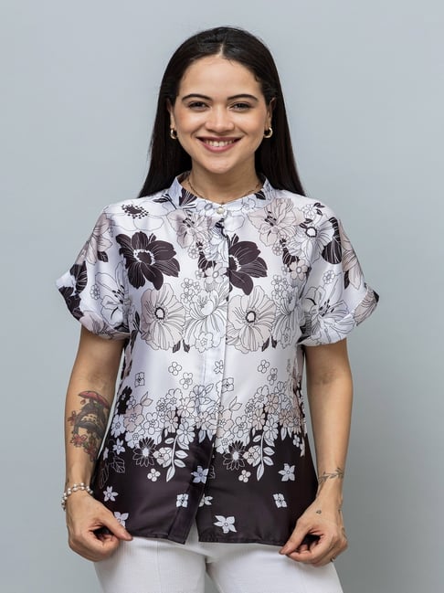 PURYS White & Black Regular Fit Floral Print Shirt-picture-14