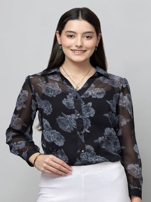 PURYS Black Regular Fit Floral Print Shirt-picture-25