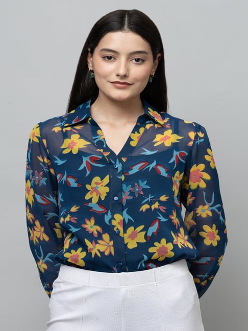 PURYS Navy Regular Fit Floral Print Shirt-image-3