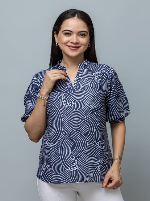 PURYS Navy Rayon Abstract Top-image-20