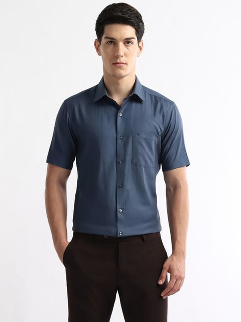 Arrow Blue Cotton Regular Fit Self Pattern Shirt-picture-15