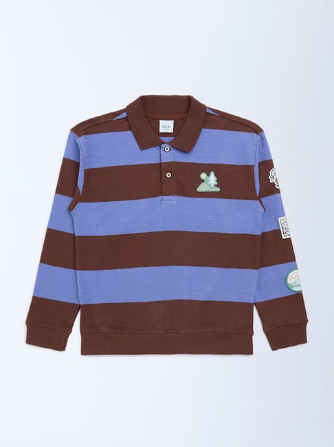 HOP Kids by Westside Brown Striped Cotton Polo T-Shirt
