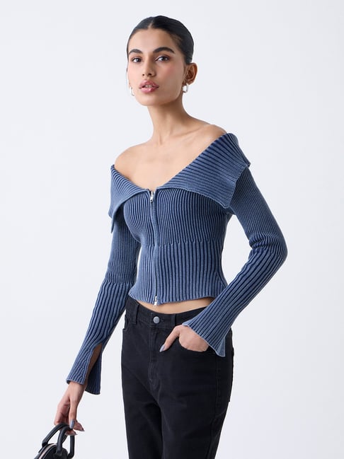 Nuon by Westside Dusty Blue Off-Shoulder Ribbed Cotton Top