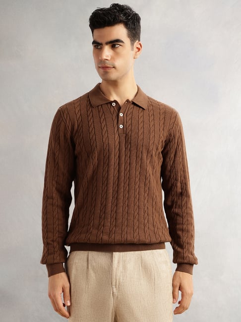 Thomas Scott Brown Cotton Regular Fit Texture Polo T-Shirt