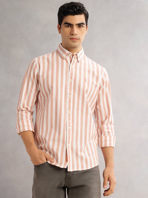Thomas Scott Peach Linen Slim Fit Striped Shirt