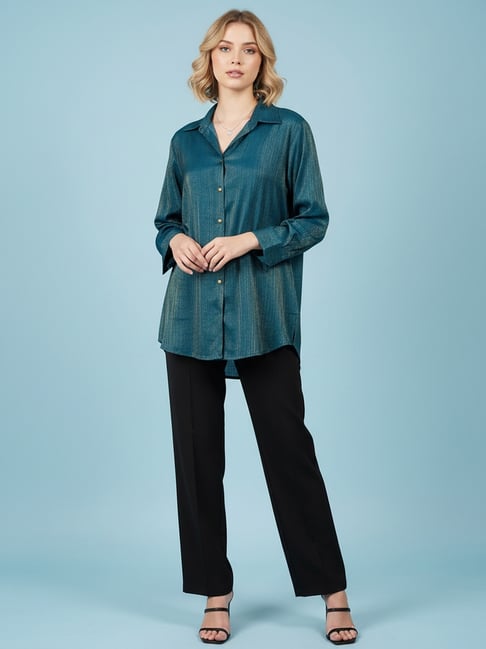 Qurvii Teal Striped Long Sleeves Shirt-image-12