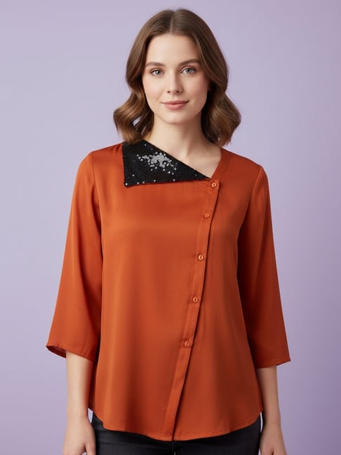 Qurvii Orange Solid Three-Quarter Sleeves Shirt-picture-15