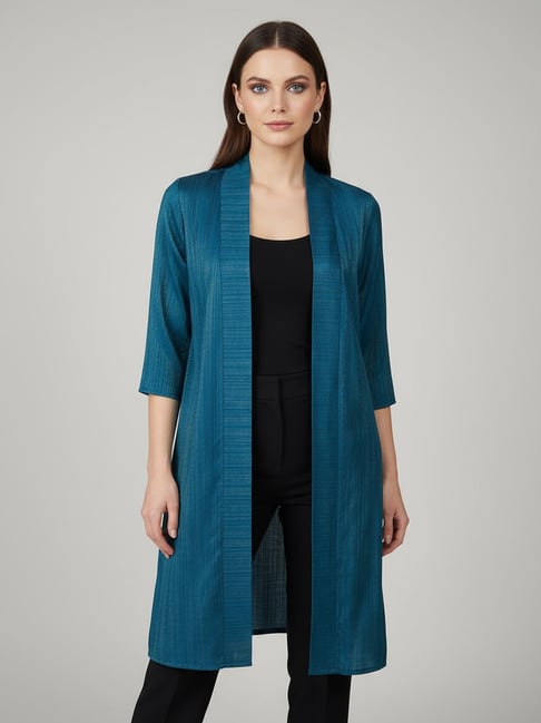 Qurvii Teal Solid Three-Quarter Sleeves Shrug