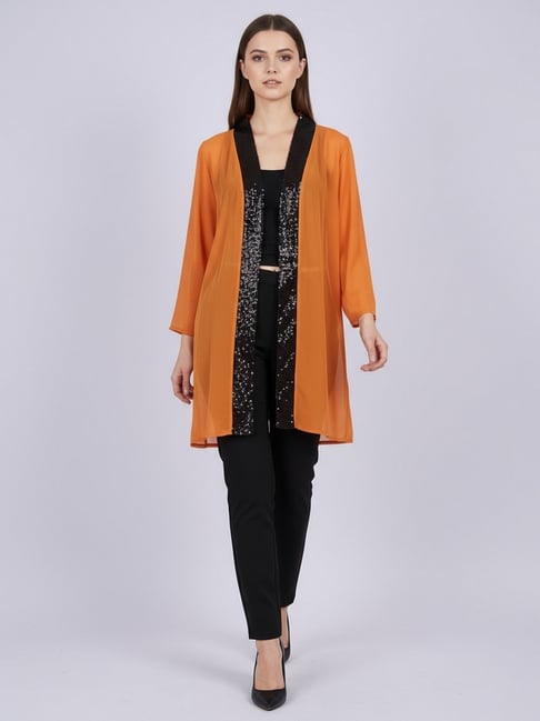 Qurvii Orange Embellished Three-Quarter Sleeves Shrug