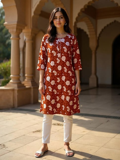 Rangita Rust Rayon Floral Print Kurta-picture-15