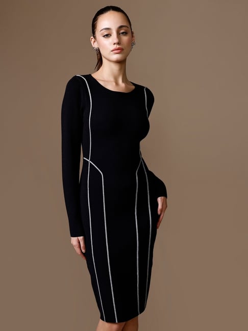 Kazo Black Polyester Graphic Bodycon Dress