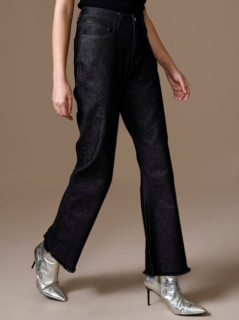 Kazo Black Polyester Solid Jeans