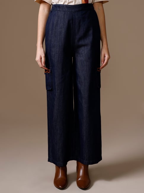 Kazo Blue Cotton Solid Jeans