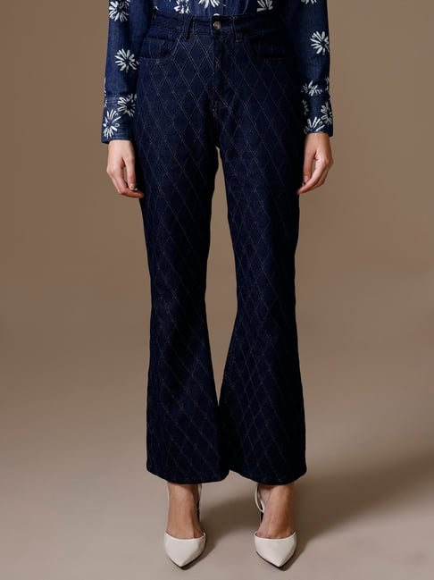 Kazo Navy Blue Cotton Printed Jeans