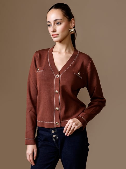 Kazo Brown Viscose Solid Sweater