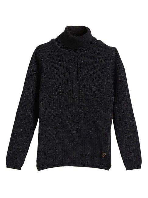 ELLE Girls Black Cotton Solid High Neck Sweater-picture-11