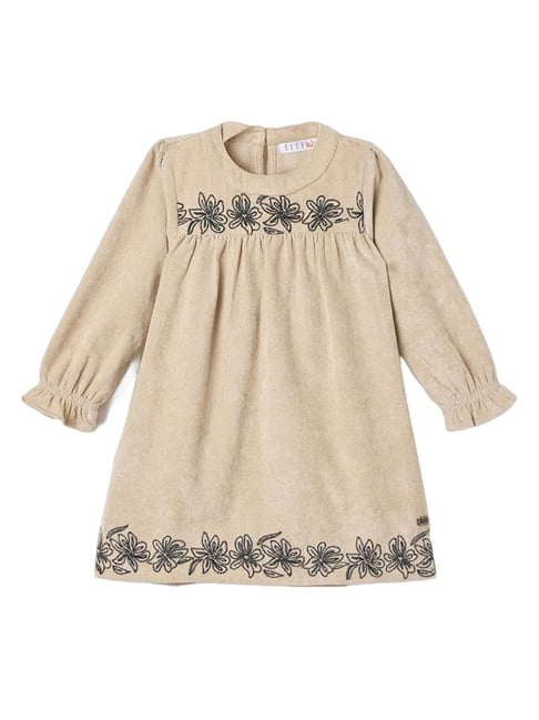 ELLE Girls Beige Embroidered Round Neck Dress-picture-25