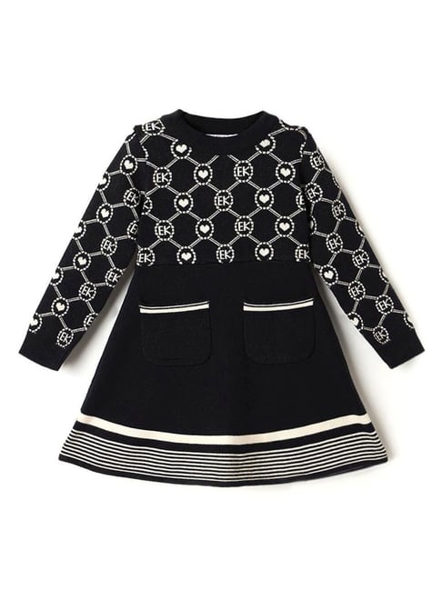 ELLE Girls Black Printed Round Neck Dress