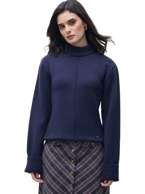 ELLE Women Navy Blue Blended Solid High Neck Sweater