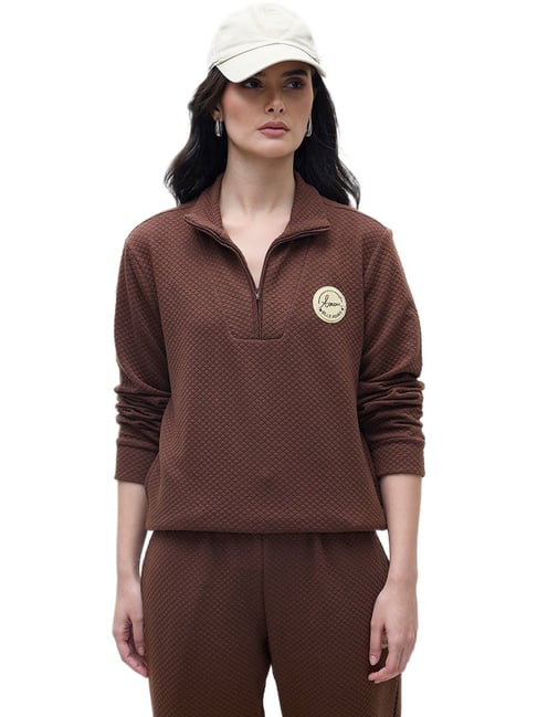 ELLE Women Brown Boucle Embroidery Solid Sweatshirt