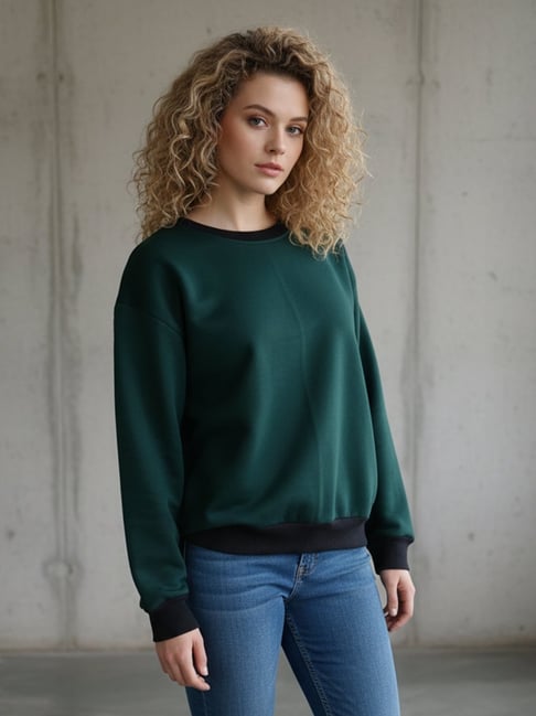 Qurvii Green Solid Long Sleeves Sweatshirt