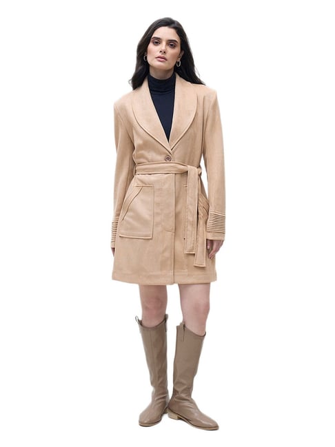 ELLE Women Brown Solid Overcoat