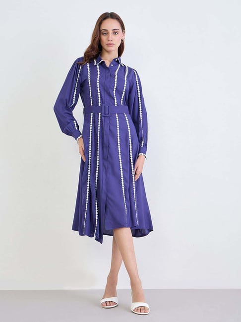 Styli Navy Cotton Regular Fit Self Pattern Dress-image-42
