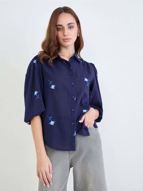 Styli Navy Blue Cotton Regular Fit Embroidered Shirt-picture-24