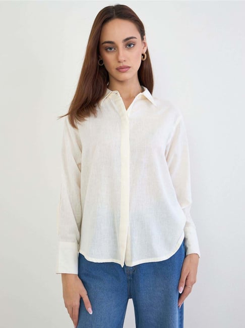 Styli Off White Cotton Oversized Self Pattern Shirt-picture-25