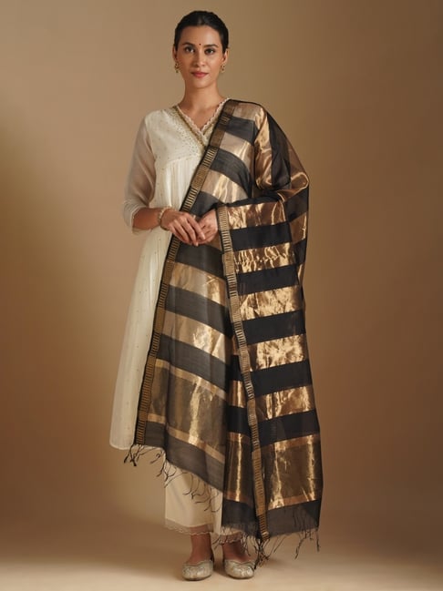 Jaypore Black Striped Hand Woven Dupatta-picture-39
