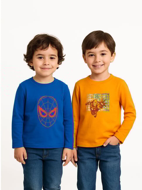 Nauti Nati Boys Sky Diver and Bright Marigold Cotton Spiderman Graphic Print T-Shirt - Pack of 2