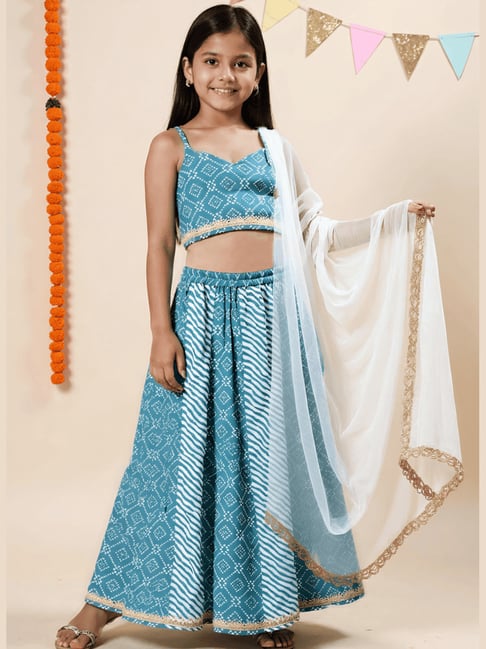 Nauti Nati Girls Blue Cotton Printed Regular Fit Lehenga with Dupatta-picture-32
