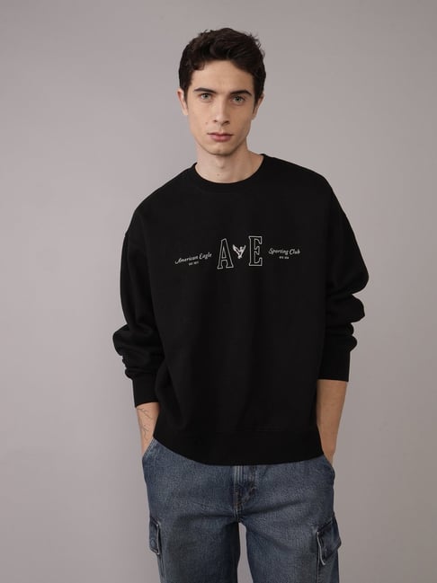 American Eagle Black Cotton Regular Fit Printed Sweatshirt