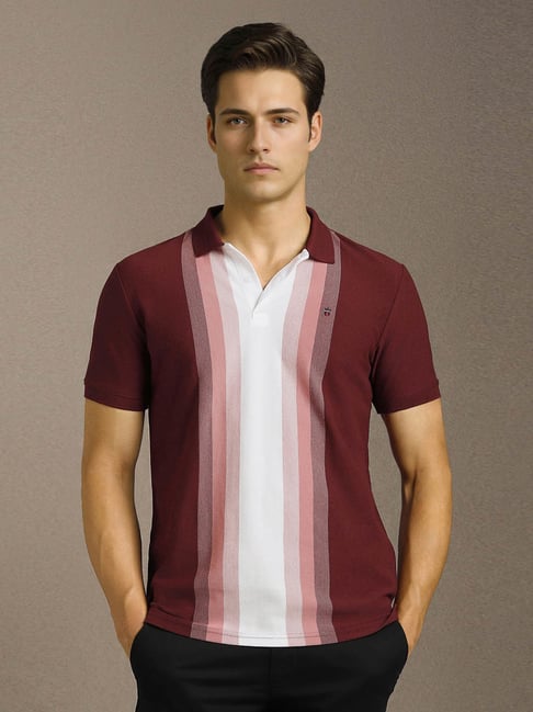 Louis Philippe Maroon Cotton Slim Fit Striped Polo T-Shirt