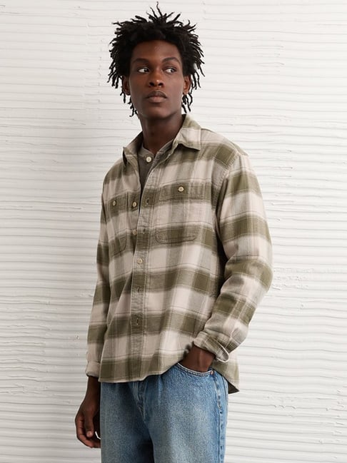 American Eagle Green Cotton Loose Fit Checks Shirt-picture-35