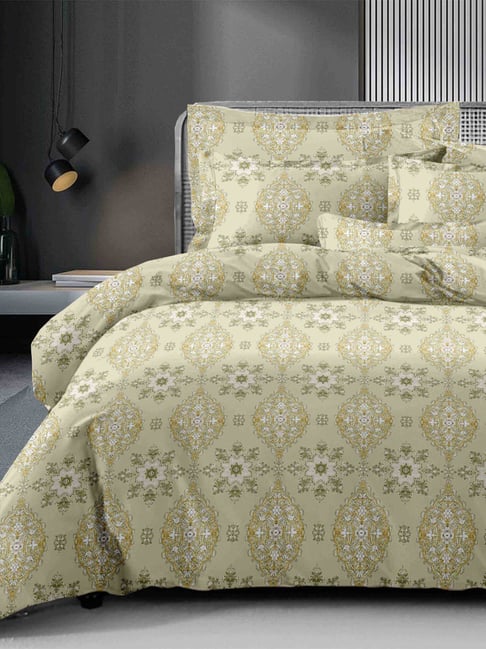 Ariana Capri Gold Cotton Geometric 400 TC King Bedsheet with 2 Pillow Covers