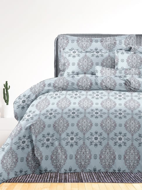 Ariana Capri Sky Blue Cotton Floral 400 TC King Bedsheet with 2 Pillow Covers-picture-30