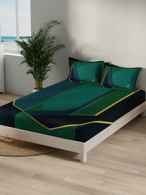 Nautica Multi Cotton Geometric 500 TC King Bedsheet with 2 Pillow Covers-picture-19