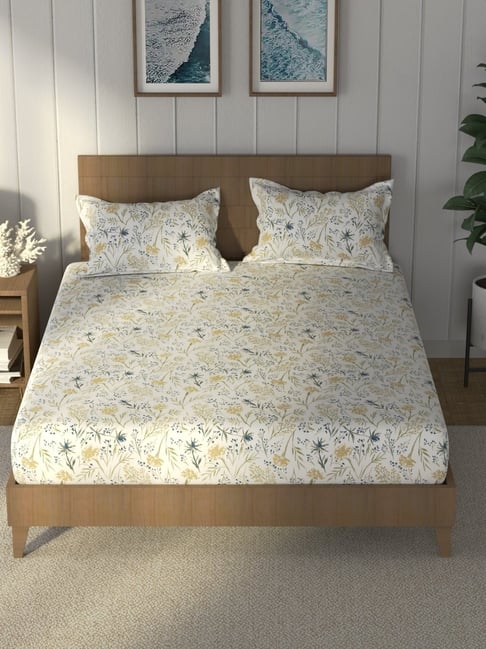 Nautica Tan & Blue Cotton Floral 160 TC King Bedsheet with 2 Pillow Covers-picture-24