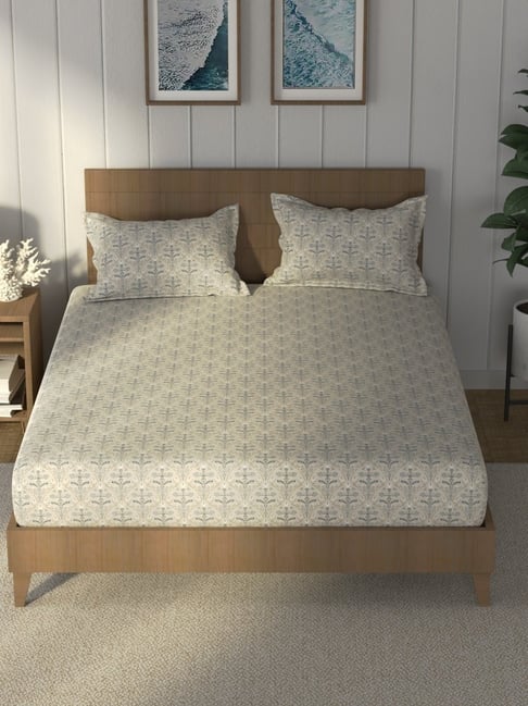 Nautica Steel Blue & Sand Cotton Floral 160 TC King Bedsheet with 2 Pillow Covers-picture-25
