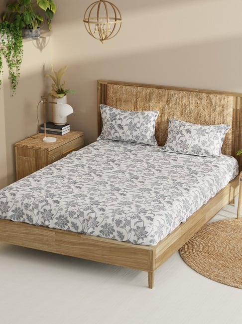 Bianca Grey Cotton Floral 210 TC King Bedsheet with 2 Pillow Covers-picture-45