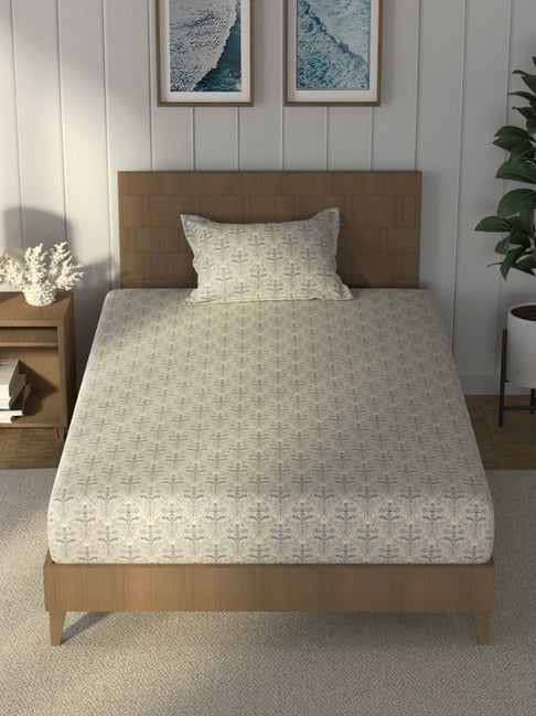 Nautica Steel Blue & Sand Cotton Floral 160 TC Single Bedsheet with 1 Pillow Cover-picture-45