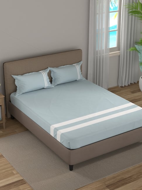 Nautica Sky Blue Cotton Striped 500 TC King Bedsheet with 2 Pillow Covers-picture-30